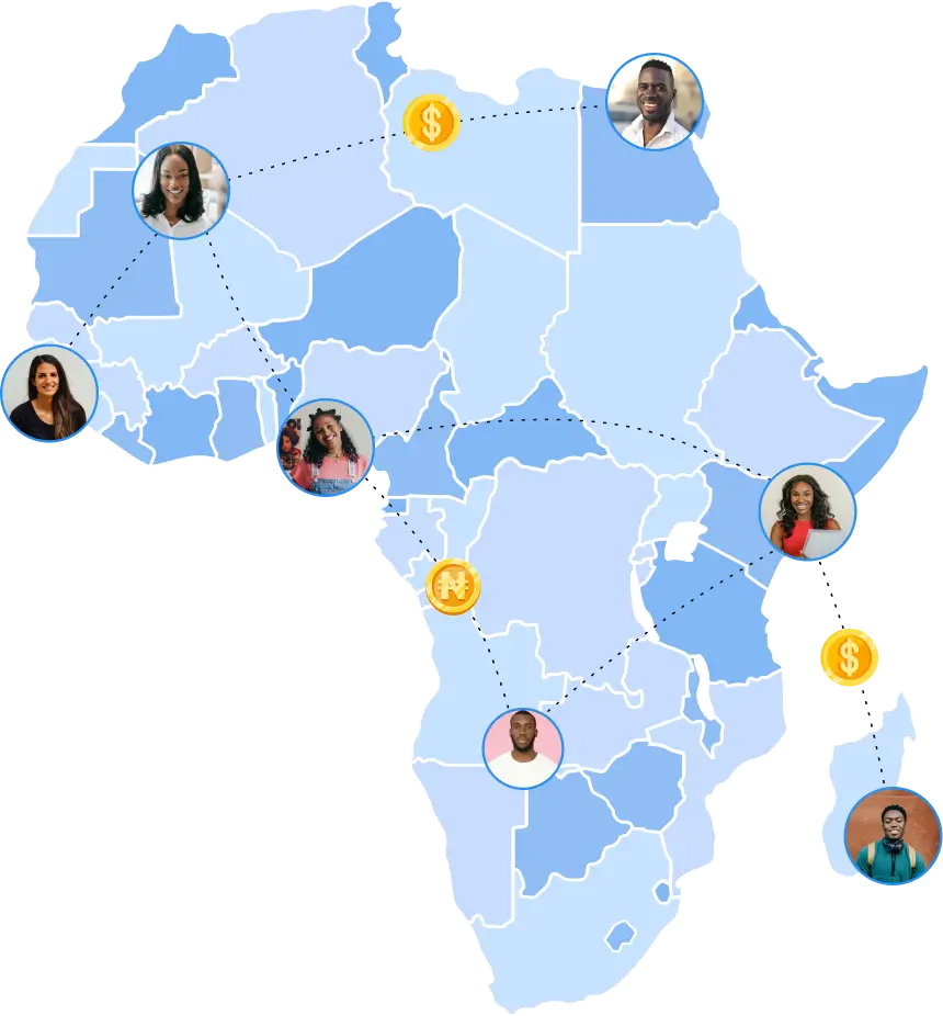 A map showing freelancers in different countries in Africa