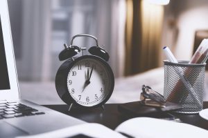 A tabletop alarm clock
