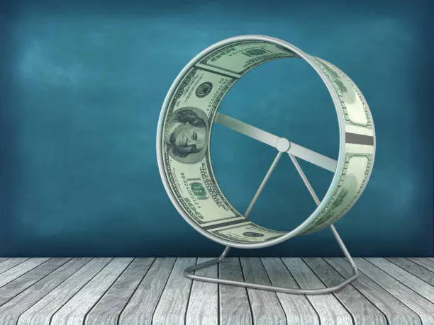 A hamster wheel with dollar bills